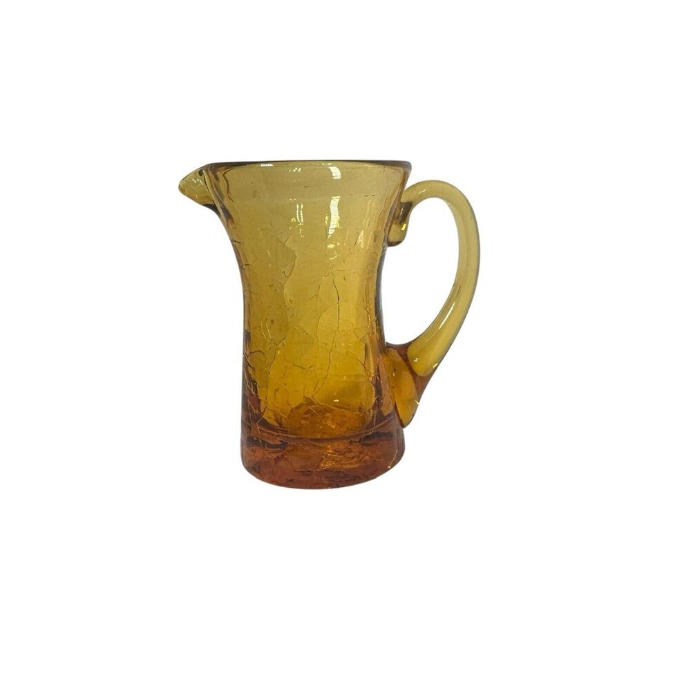 Vintage Pitcher / Vase Amber/Gold Crackle Glass Applied Handle 3.5” Hand Blown